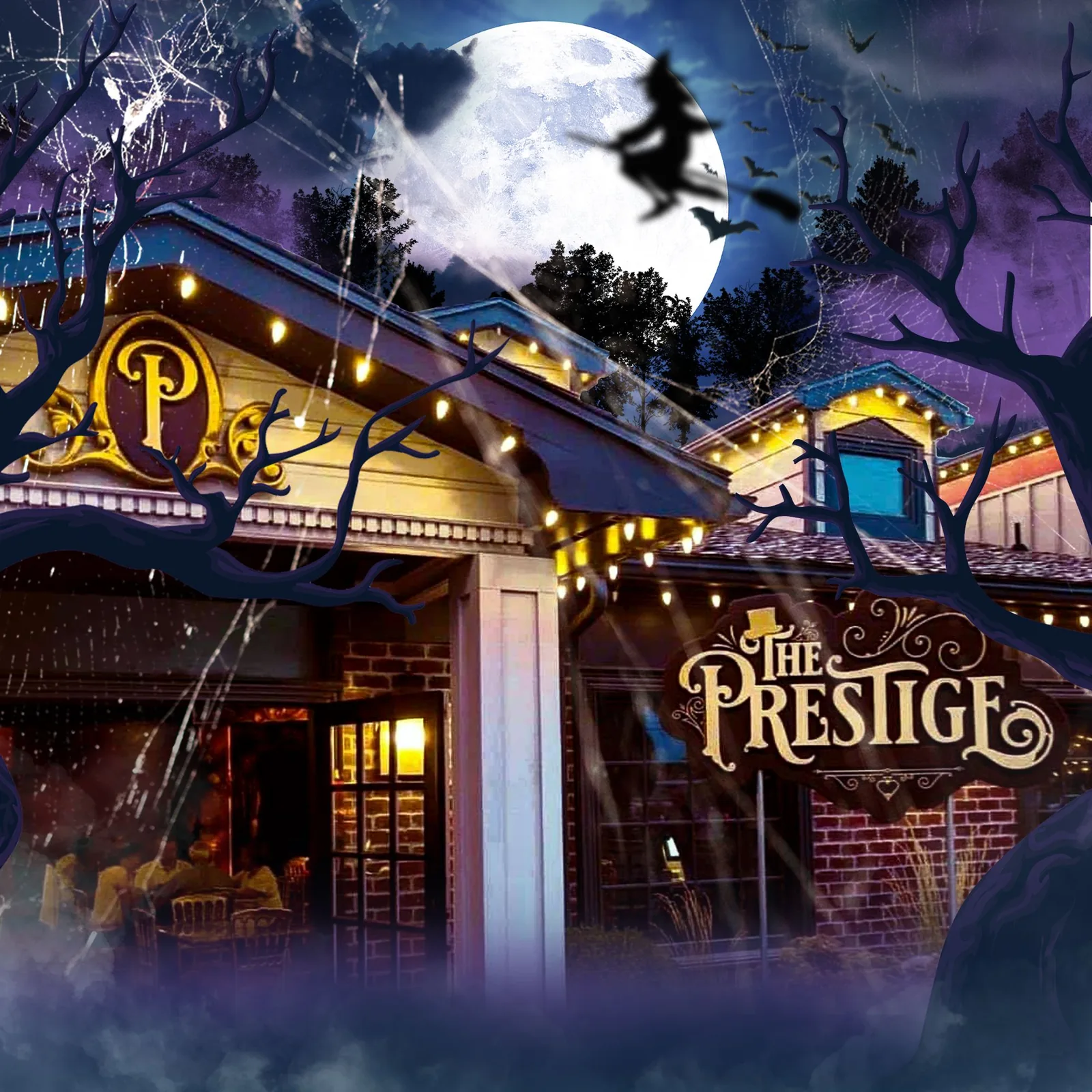 The Prestige Salt Lake lit for the season beneath a full moon at Gardner Village